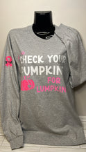 Load image into Gallery viewer, &#39;Check Your Pumpkins&#39; Breast Cancer Long Sleeve Shirt
